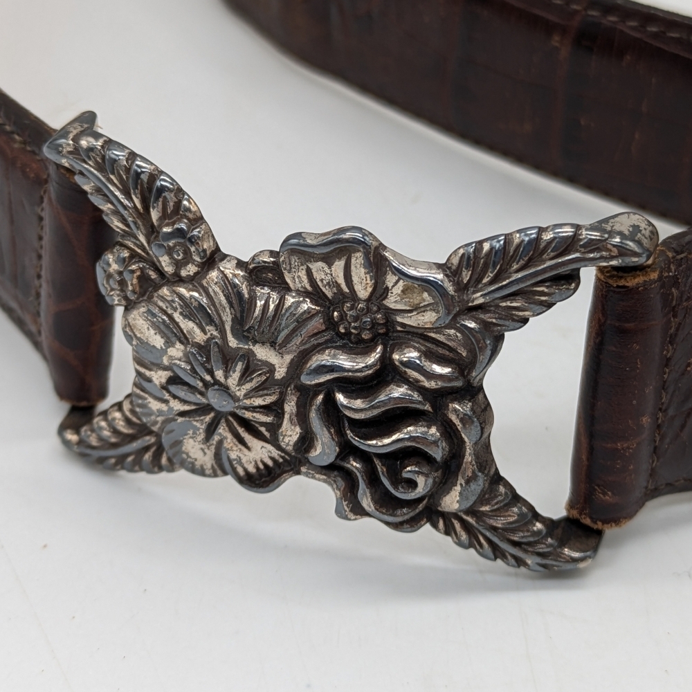 Brighton Brown Silver Floral Leather Belt L - Picture 3 of 7